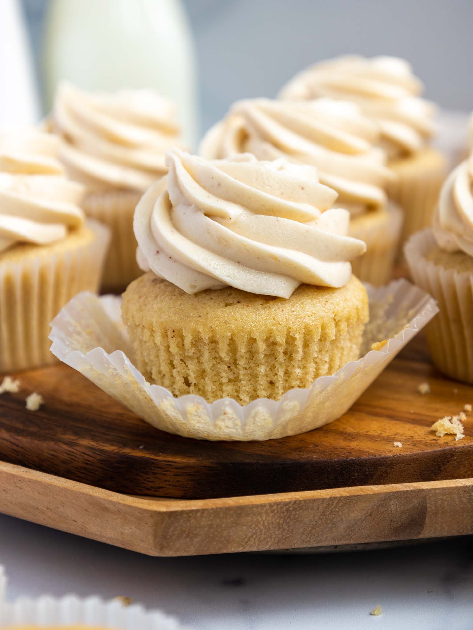 image of a brown butter cupcake that's been unwrapped